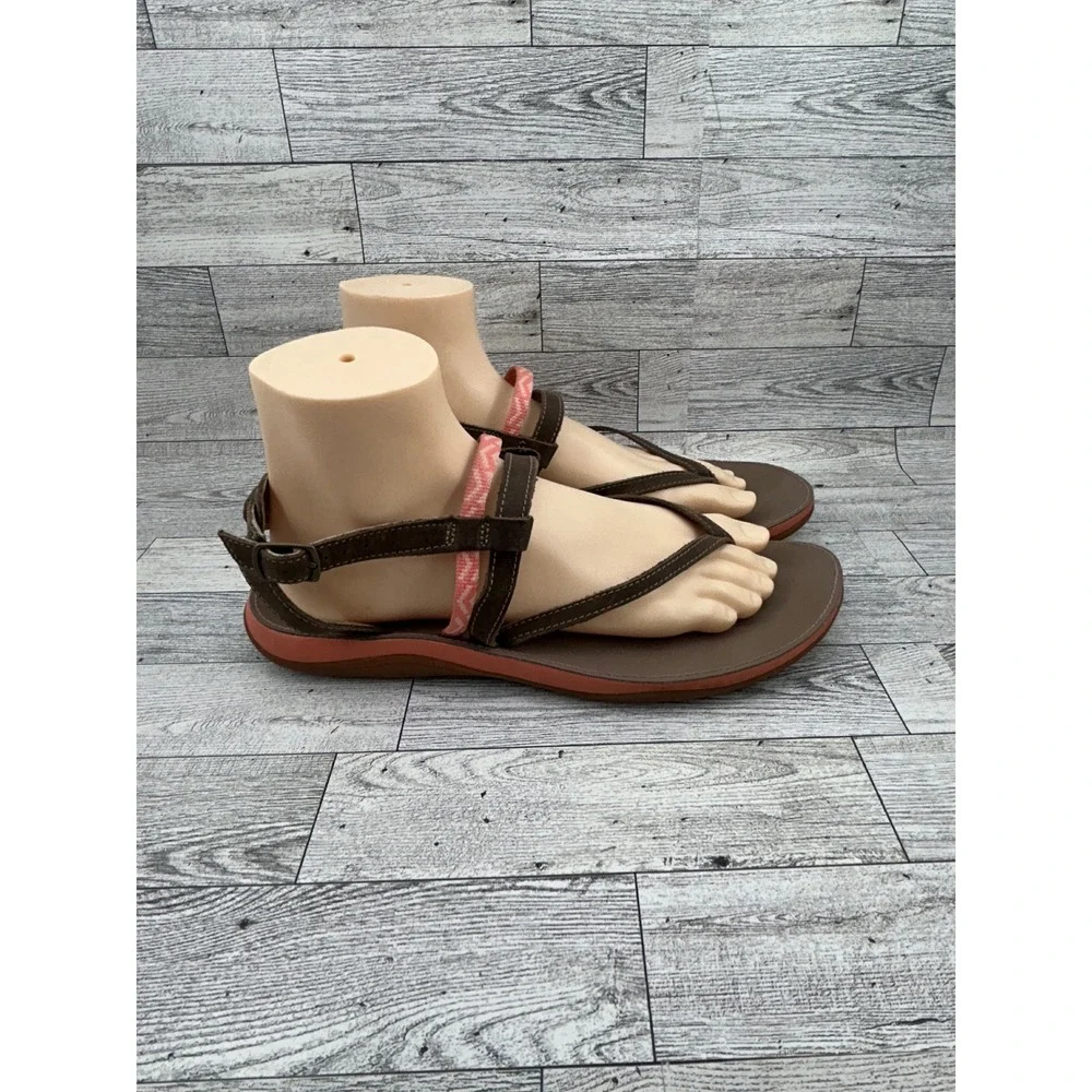 Chaco Women Leather Strappy Thong Sandals Brown Coral Size 10‎ LUVSEAT Footbed